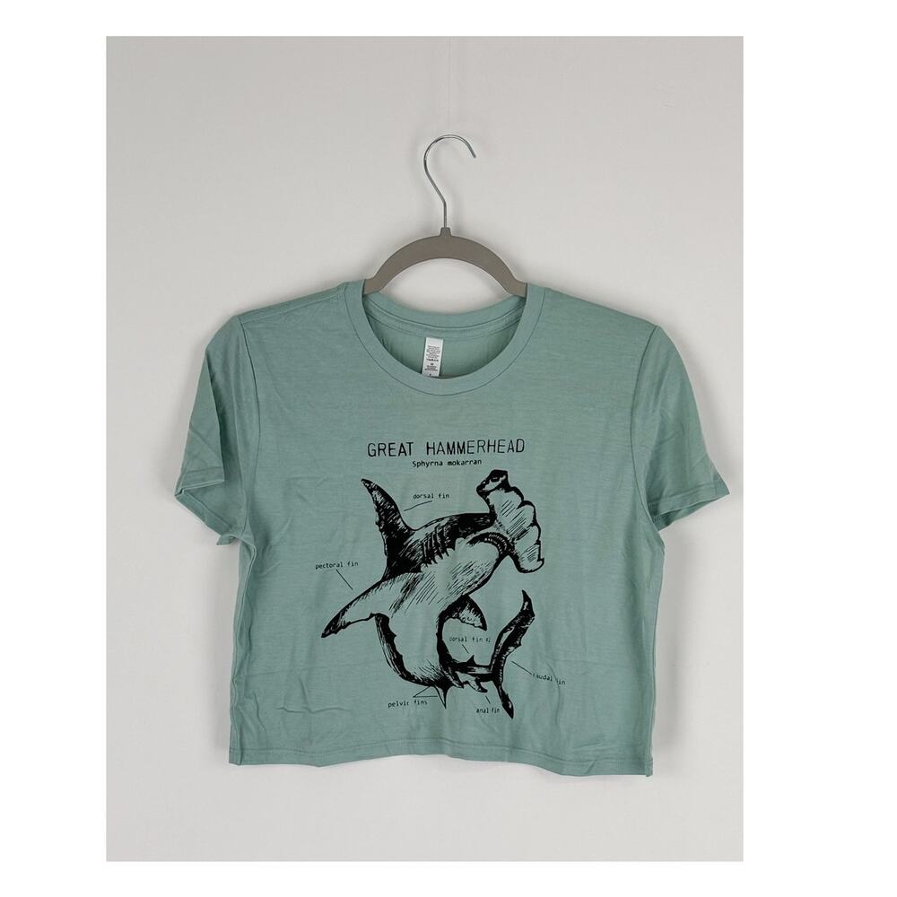 Life Shines Hammerhead Shark Anatomy Crop Top Shirt Womens Size Small New Green
